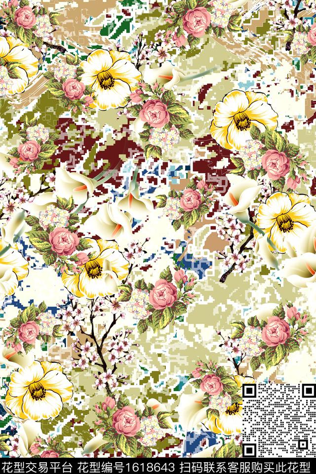 真丝满版散花花卉数码印花华亿平台下载（图片编号: 1618643） - 瓦栏（Walan）