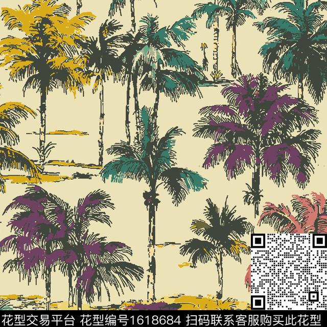 棕榈树椰子树热带华亿平台传统印花华亿平台下载（图片编号: 1618684） - 瓦栏（Walan）