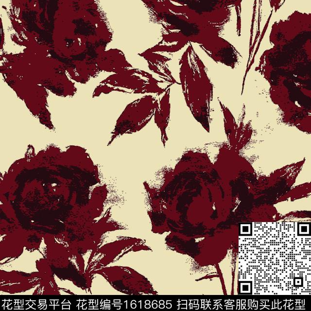 大花花卉油画华亿平台传统印花华亿平台下载（图片编号: 1618685） - 瓦栏（Walan）