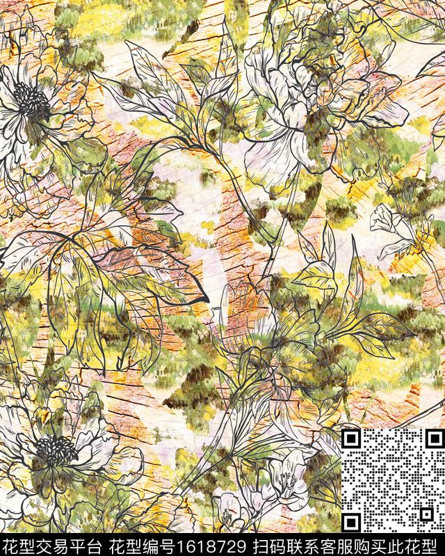 线条花卉树纹数码印花华亿平台下载（图片编号: 1618729） - 瓦栏（Walan）