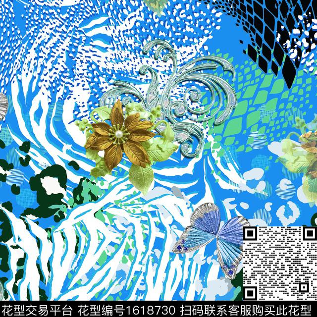 珠宝宝石豹纹花卉蝴蝶数码印花华亿平台下载（图片编号: 1618730） - 瓦栏（Walan）
