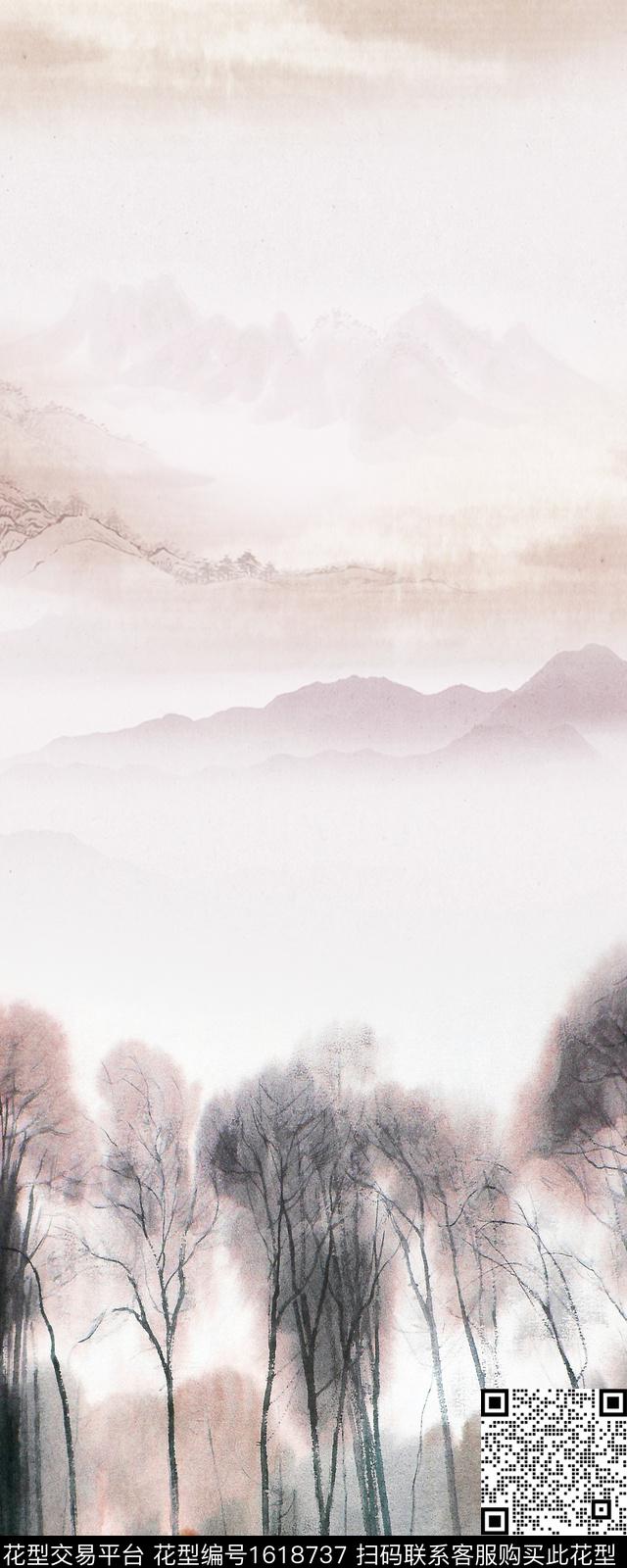 水墨风花鸟风景定位数码印花华亿平台下载（图片编号: 1618737） - 瓦栏（Walan）