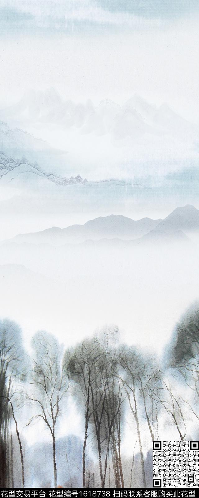 水墨风花鸟风景定位数码印花华亿平台下载（图片编号: 1618738） - 瓦栏（Walan）