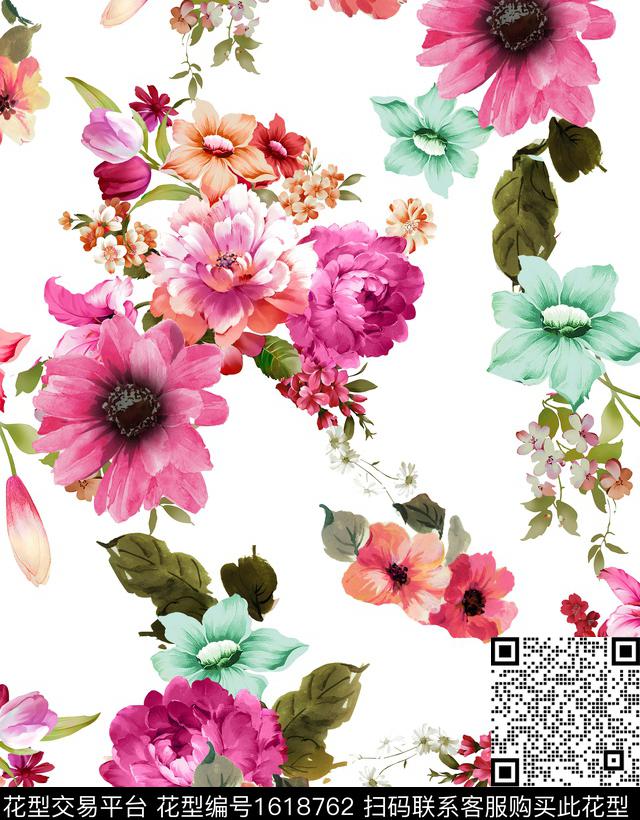 花卉清爽底花卉绿植树叶数码印花华亿平台下载（图片编号: 1618762） - 瓦栏（Walan）