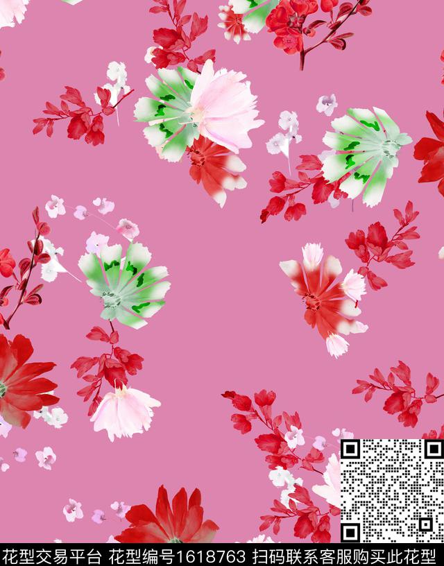 花卉手绘清爽底花卉数码印花华亿平台下载（图片编号: 1618763） - 瓦栏（Walan）