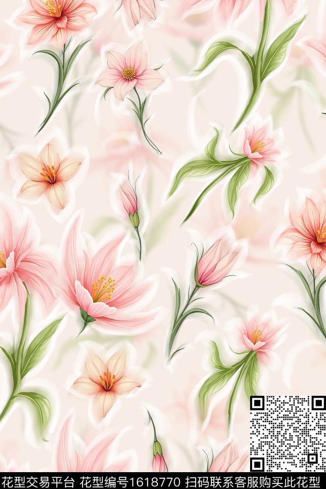 花卉满版散花模糊花卉数码印花华亿平台下载（图片编号: 1618770） - 瓦栏（Walan）