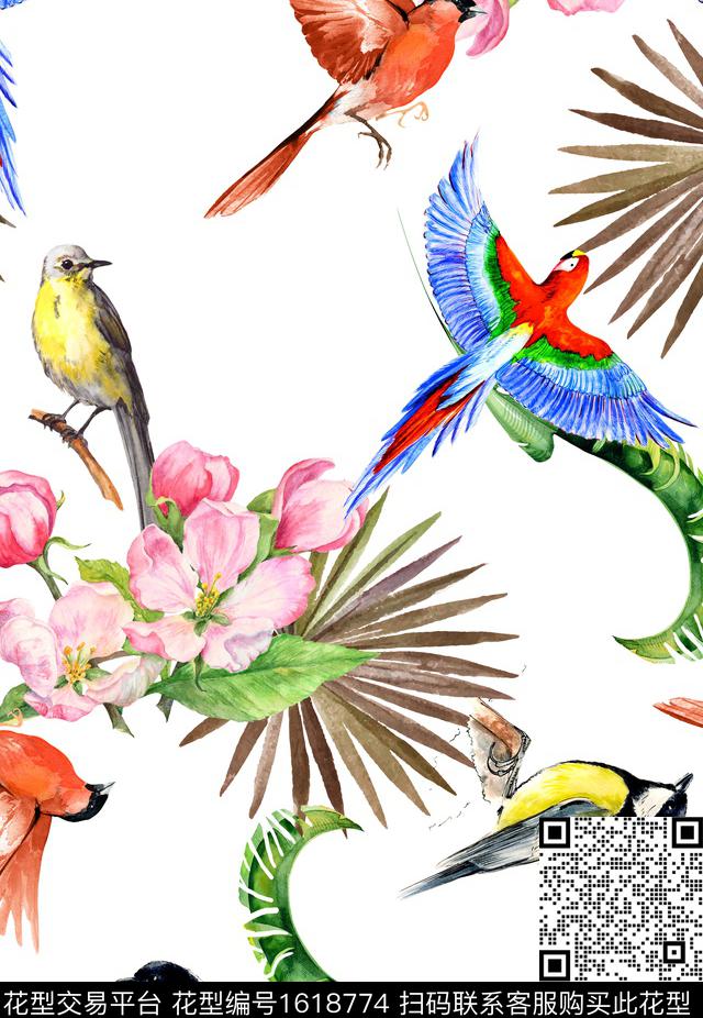 植物鸟热带华亿平台数码印花华亿平台下载（图片编号: 1618774） - 瓦栏（Walan）