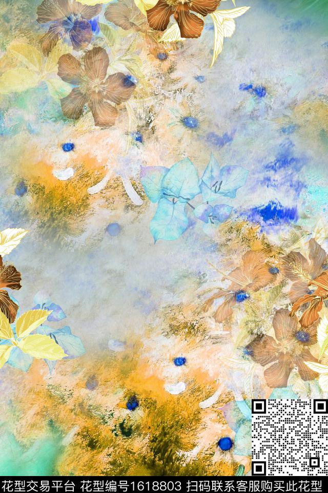晕染肌理水彩花卉抽象数码印花华亿平台下载（图片编号: 1618803） - 瓦栏（Walan）