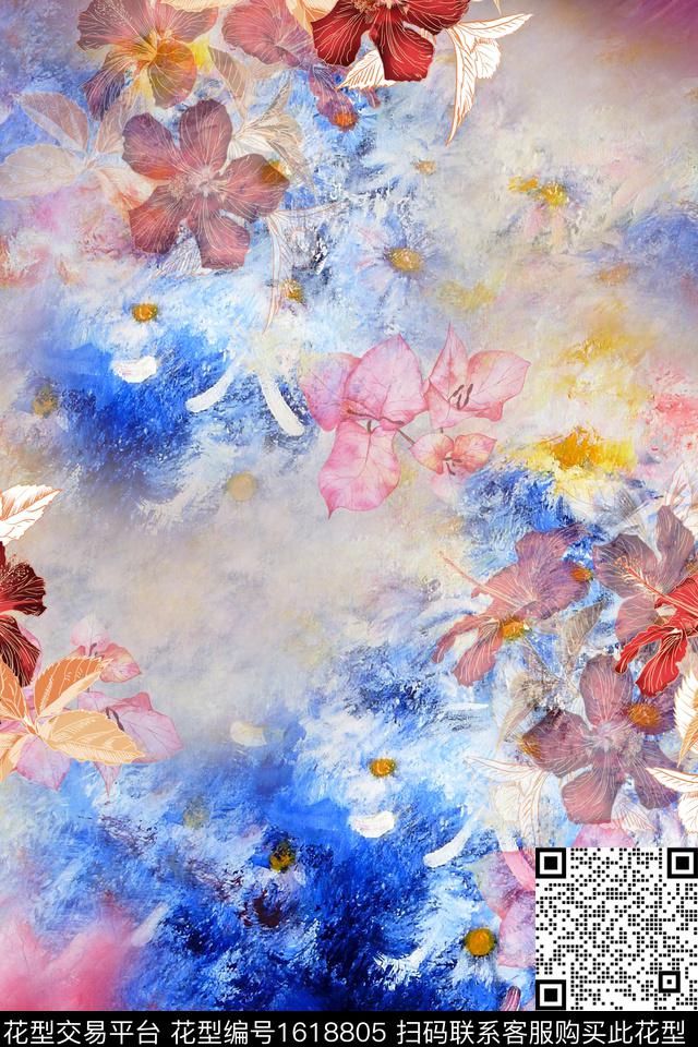 花卉影花渐变数码印花华亿平台下载（图片编号: 1618805） - 瓦栏（Walan）