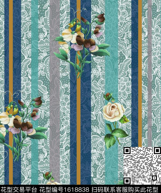 花卉条纹网布蕾丝数码印花华亿平台下载（图片编号: 1618838） - 瓦栏（Walan）