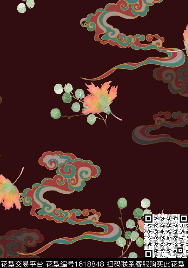 中国风枫叶祥云数码印花华亿平台下载（图片编号: 1618848） - 瓦栏（Walan）
