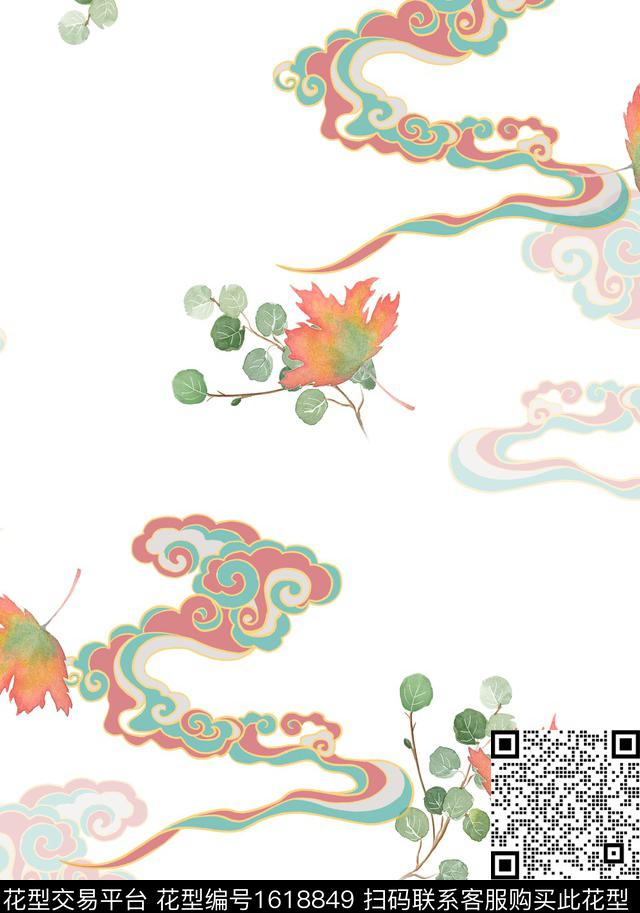 中国风枫叶祥云数码印花华亿平台下载（图片编号: 1618849） - 瓦栏（Walan）