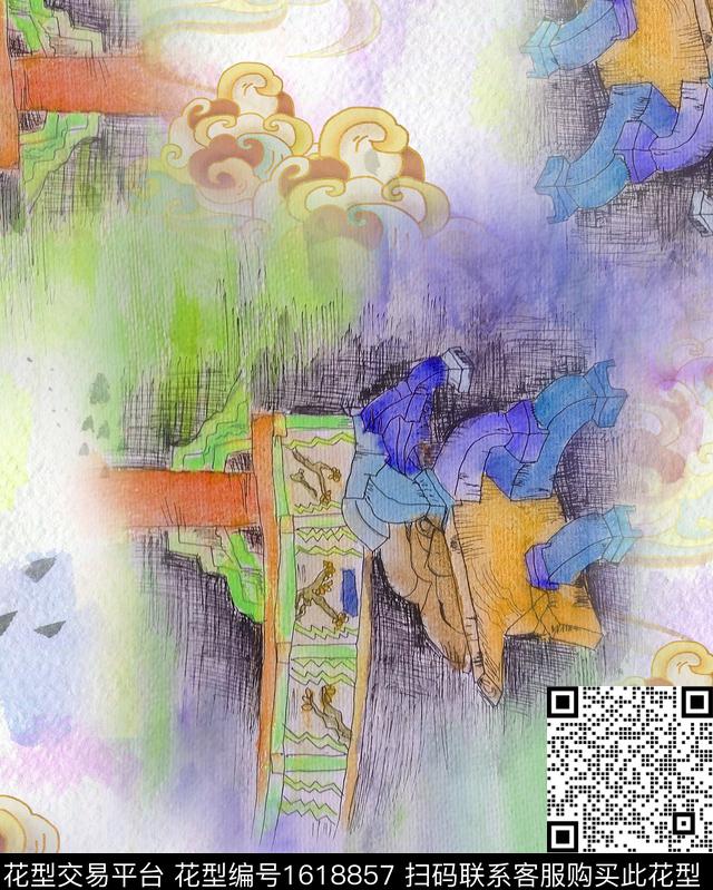 晕染肌理建筑祥云数码印花华亿平台下载（图片编号: 1618857） - 瓦栏（Walan）