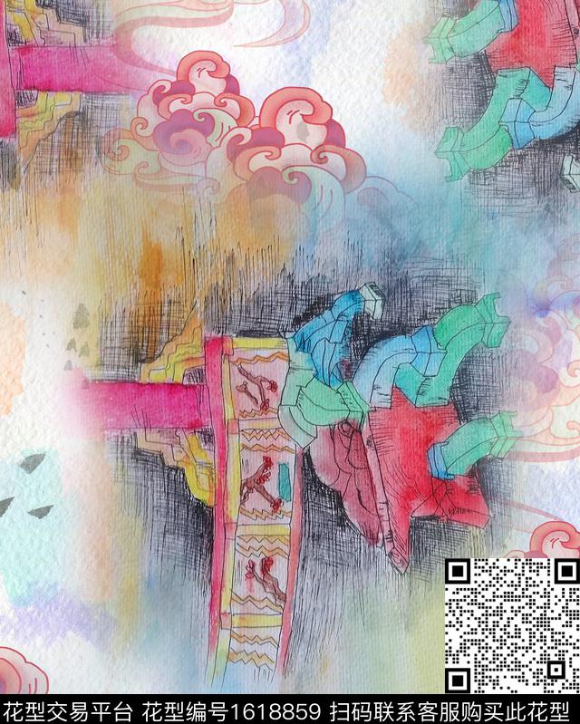水彩建筑祥云数码印花华亿平台下载（图片编号: 1618859） - 瓦栏（Walan）