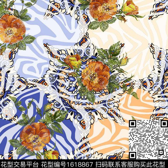 绣花华亿平台斑马纹古典纹样数码印花华亿平台下载（图片编号: 1618867） - 瓦栏（Walan）