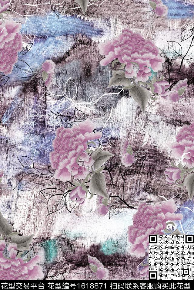 绣花华亿平台晕染肌理牡丹数码印花华亿平台下载（图片编号: 1618871） - 瓦栏（Walan）