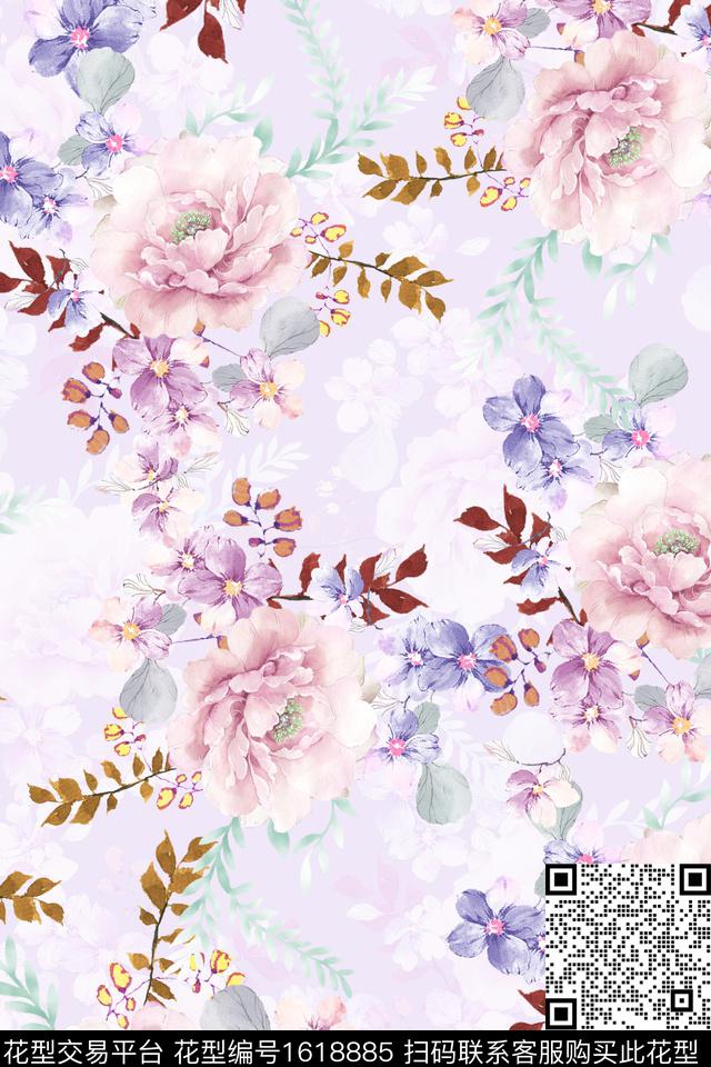 小清新水彩花卉影花数码印花华亿平台下载（图片编号: 1618885） - 瓦栏（Walan）