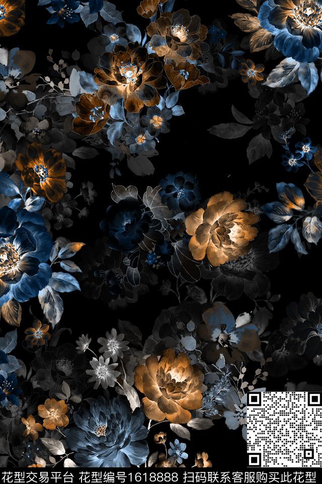 花卉黑底花卉影花数码印花华亿平台下载（图片编号: 1618888） - 瓦栏（Walan）