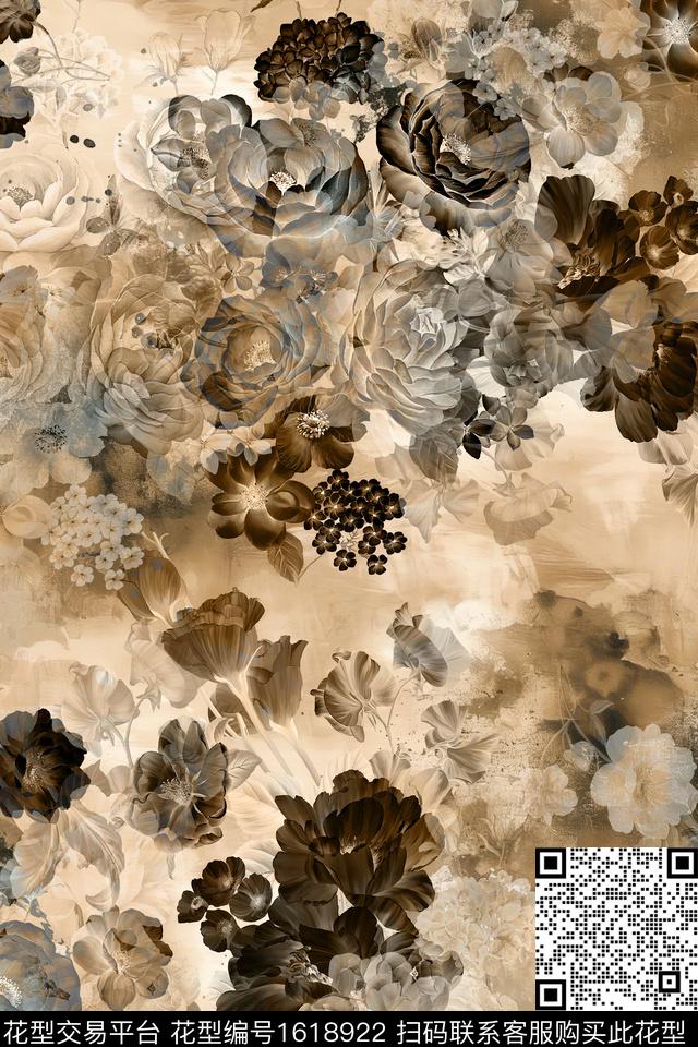 花卉复古香云纱数码印花华亿平台下载（图片编号: 1618922） - 瓦栏（Walan）