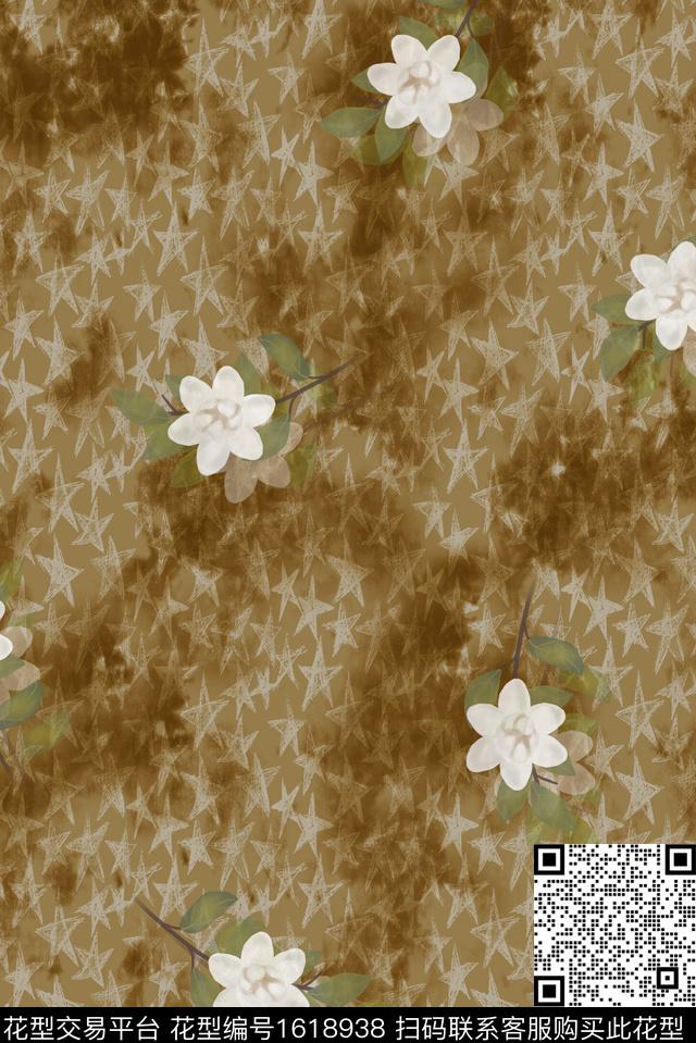 花卉影花五角星数码印花华亿平台下载（图片编号: 1618938） - 瓦栏（Walan）