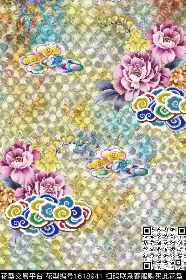 蛇纹中国风花卉数码印花华亿平台下载（图片编号: 1618941） - 瓦栏（Walan）
