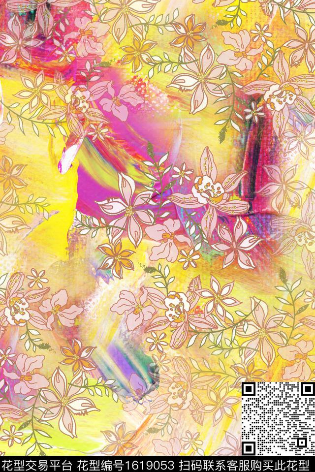 花卉线条花卉抽象底纹数码印花华亿平台下载（图片编号: 1619053） - 瓦栏（Walan）