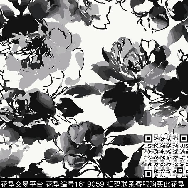 水墨风花卉大花数码印花华亿平台下载（图片编号: 1619059） - 瓦栏（Walan）