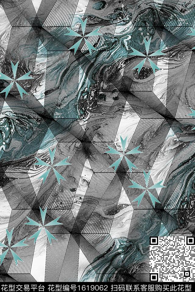 线条五角星混合拼接数码印花华亿平台下载（图片编号: 1619062） - 瓦栏（Walan）