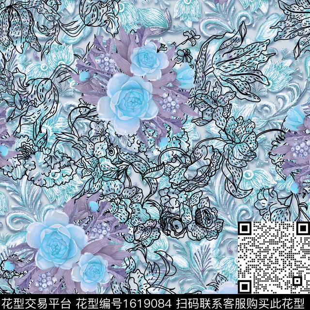 花卉线条花卉民族风数码印花华亿平台下载（图片编号: 1619084） - 瓦栏（Walan）