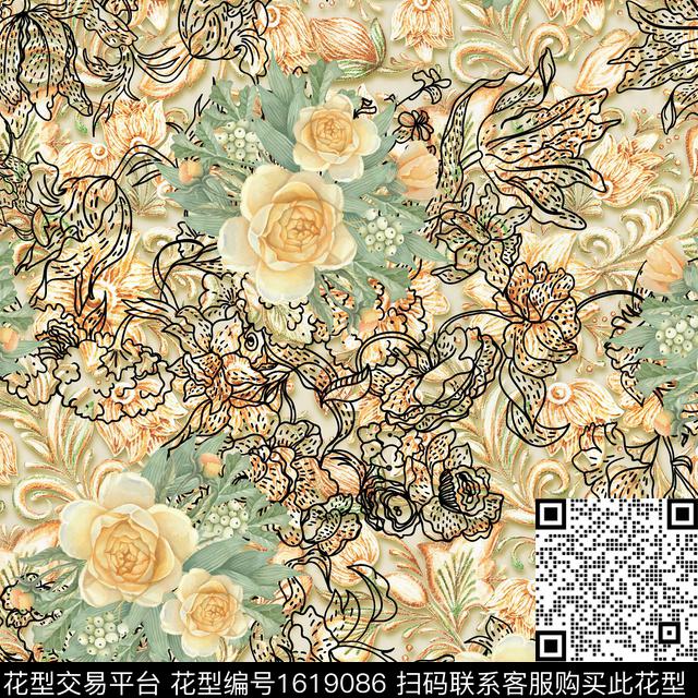 水彩花卉线条花卉玫瑰花数码印花华亿平台下载（图片编号: 1619086） - 瓦栏（Walan）