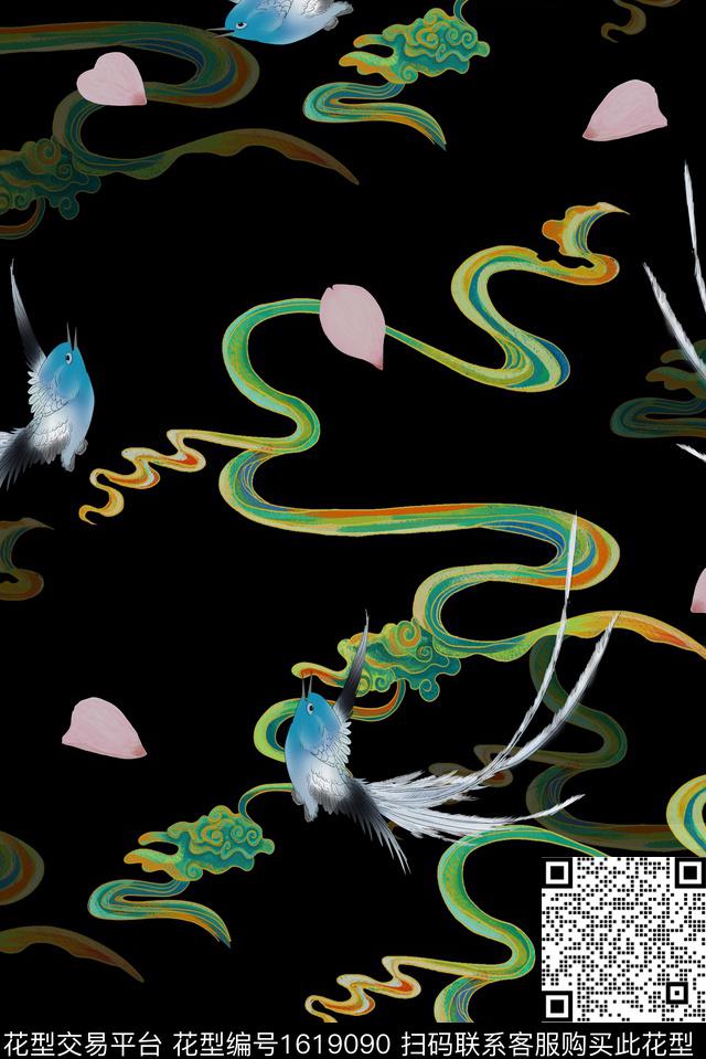 花瓣祥云花鸟数码印花华亿平台下载（图片编号: 1619090） - 瓦栏（Walan）
