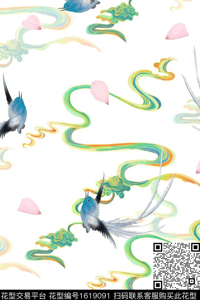 花瓣祥云鸟数码印花华亿平台下载（图片编号: 1619091） - 瓦栏（Walan）
