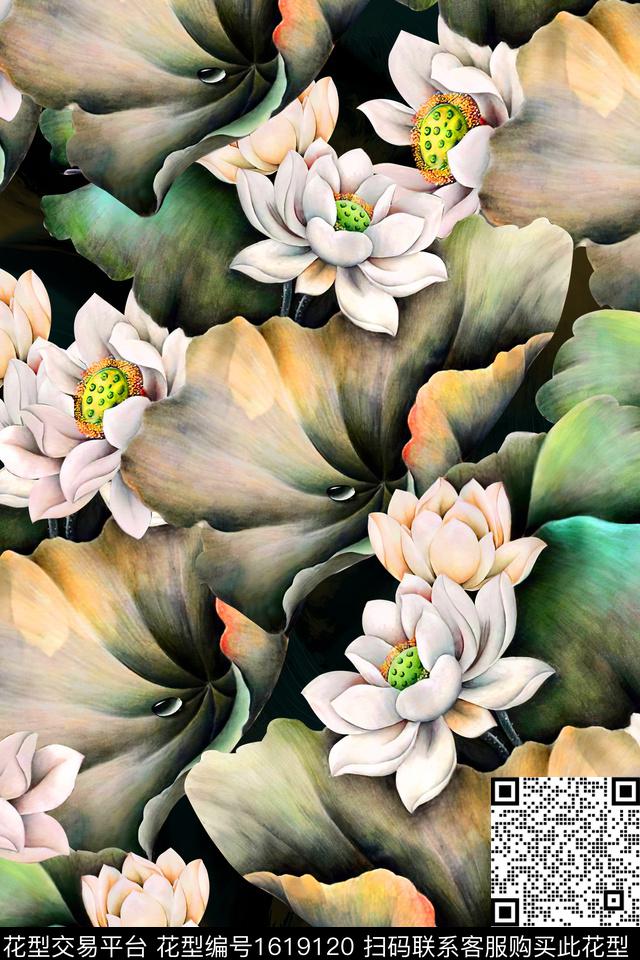 中国风花卉荷花数码印花华亿平台下载（图片编号: 1619120） - 瓦栏（Walan）