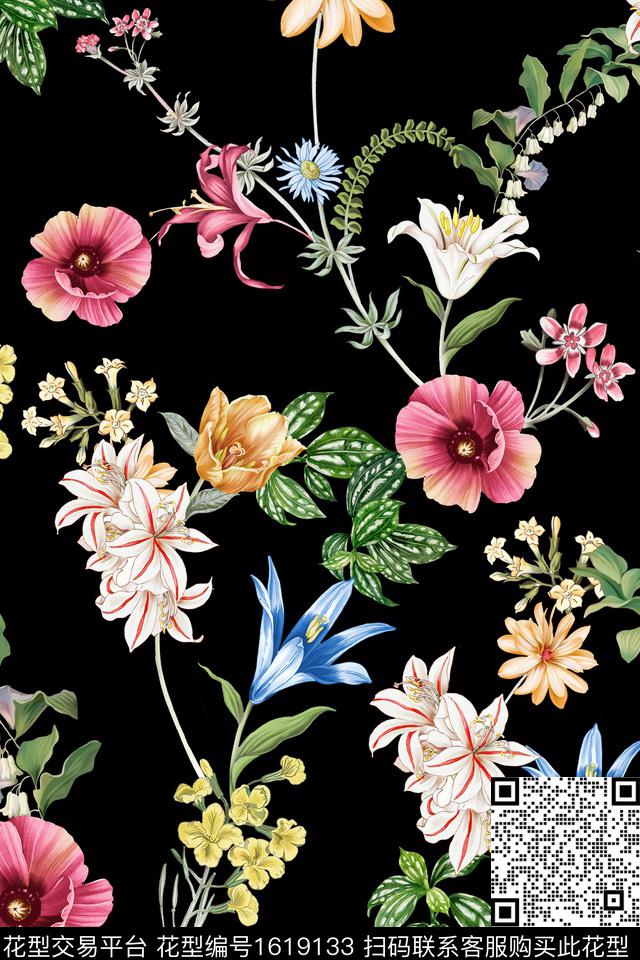 真丝花卉黑底花卉数码印花华亿平台下载（图片编号: 1619133） - 瓦栏（Walan）