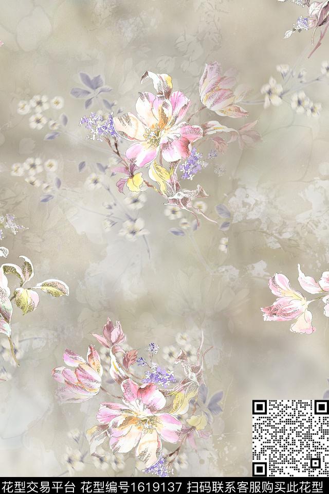 真丝花卉渐变数码印花华亿平台下载（图片编号: 1619137） - 瓦栏（Walan）