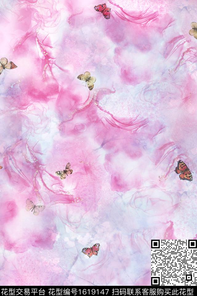 水彩蝴蝶渐变数码印花华亿平台下载（图片编号: 1619147） - 瓦栏（Walan）