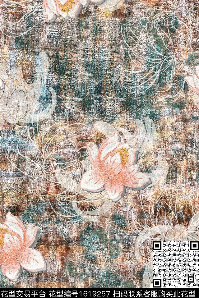 肌理花卉线条花卉数码印花华亿平台下载（图片编号: 1619257） - 瓦栏（Walan）
