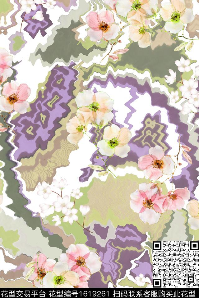 花卉混合拼接波浪纹数码印花华亿平台下载（图片编号: 1619261） - 瓦栏（Walan）