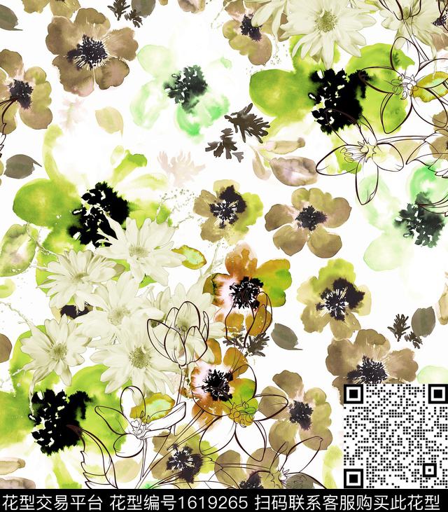 花卉水彩花卉线条花卉数码印花华亿平台下载（图片编号: 1619265） - 瓦栏（Walan）