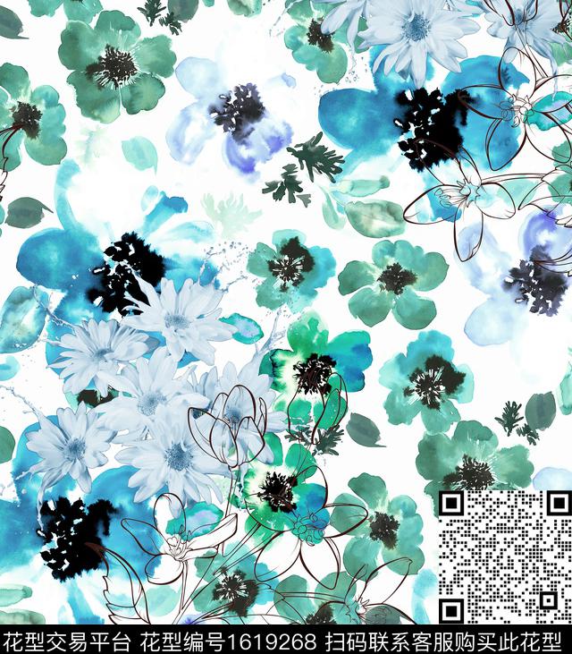 水彩花卉小雏菊线条花卉数码印花华亿平台下载（图片编号: 1619268） - 瓦栏（Walan）