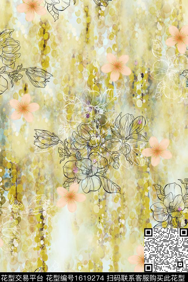 水彩花卉线条花数码印花华亿平台下载（图片编号: 1619274） - 瓦栏（Walan）