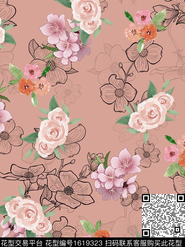 小碎花水彩花卉线条花卉数码印花华亿平台下载（图片编号: 1619323） - 瓦栏（Walan）