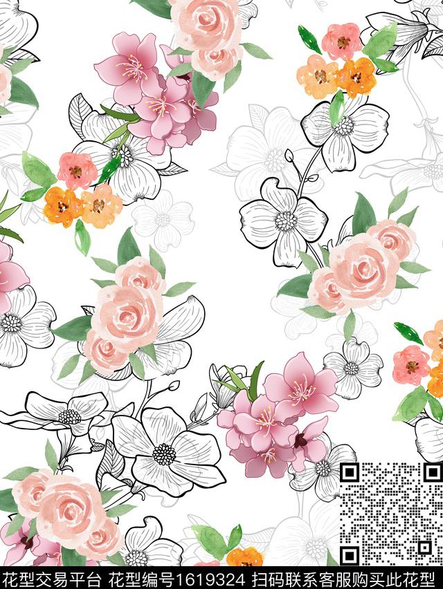 花卉水彩花卉影花数码印花华亿平台下载（图片编号: 1619324） - 瓦栏（Walan）