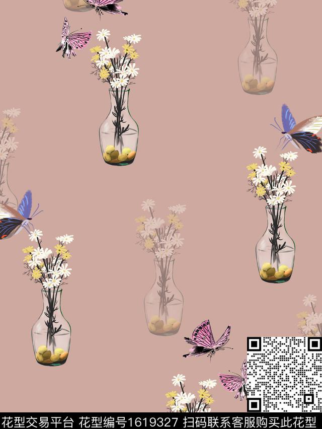 影花花卉蝴蝶数码印花华亿平台下载（图片编号: 1619327） - 瓦栏（Walan）