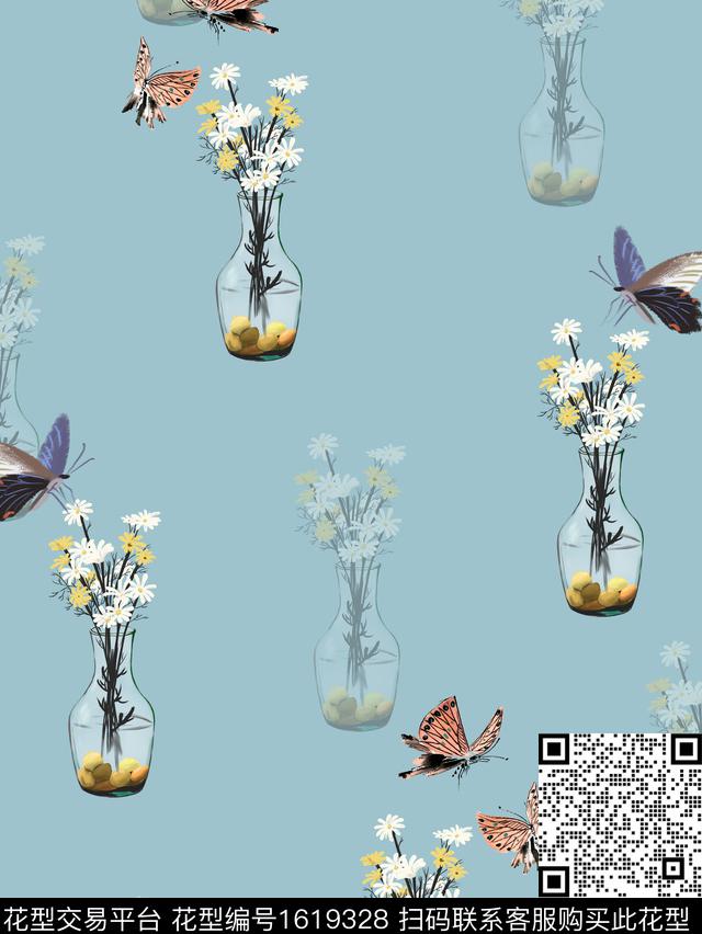 小清新小碎花花卉蝴蝶数码印花华亿平台下载（图片编号: 1619328） - 瓦栏（Walan）