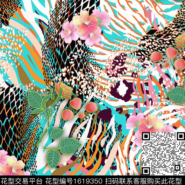 动物纹花卉线条画数码印花华亿平台下载（图片编号: 1619350） - 瓦栏（Walan）