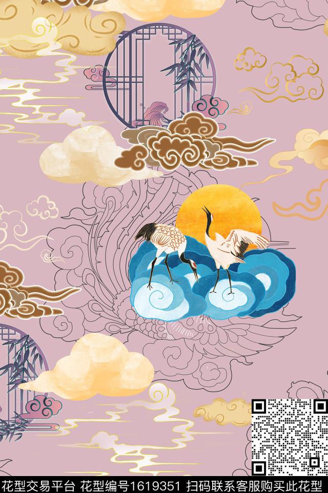 中国风仙鹤竹子数码印花华亿平台下载（图片编号: 1619351） - 瓦栏（Walan）