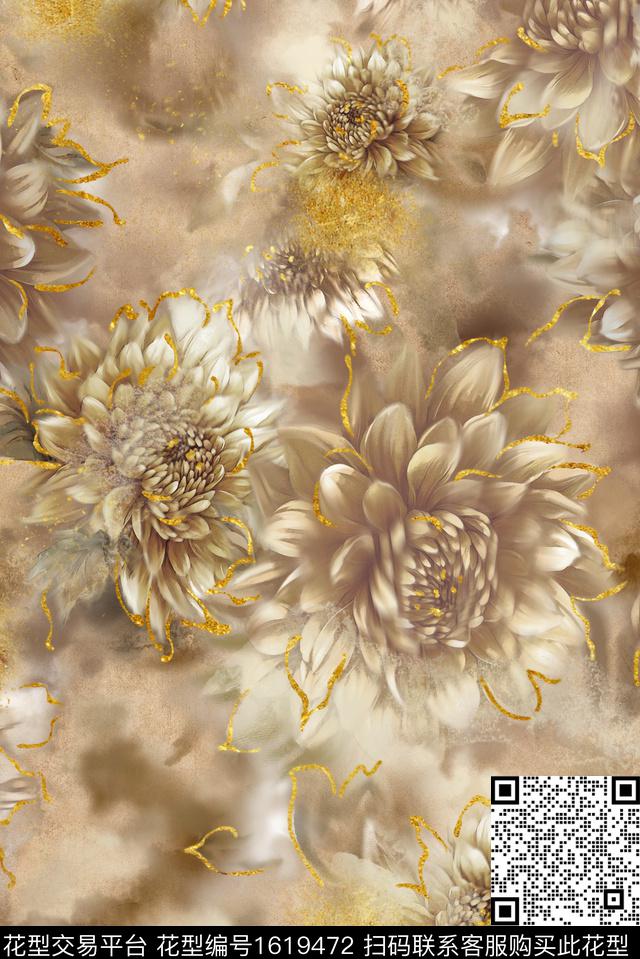 中国风菊花花卉数码印花华亿平台下载（图片编号: 1619472） - 瓦栏（Walan）