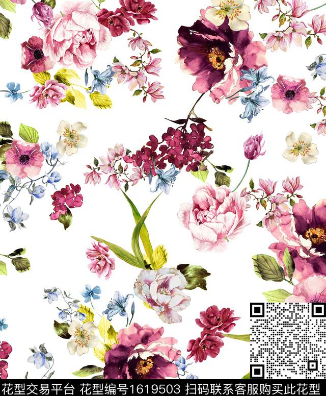花卉水彩花卉清爽底花卉数码印花华亿平台下载（图片编号: 1619503） - 瓦栏（Walan）