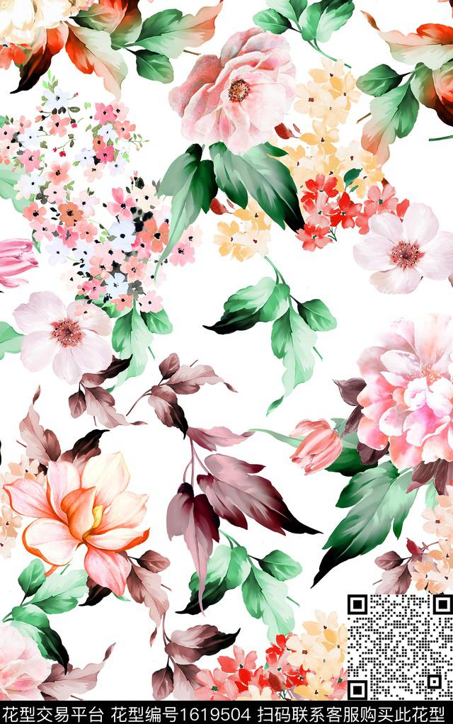 花卉水彩花卉清爽底花卉数码印花华亿平台下载（图片编号: 1619504） - 瓦栏（Walan）